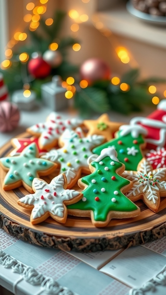 A platter of decorated Christmas cookies in festive shapes, surrounded by holiday decorations.